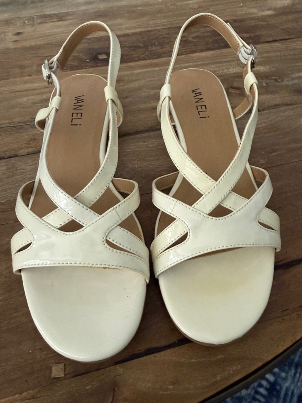 Vaneli Ivory Patent Leather Crisscross Slingback Sandals